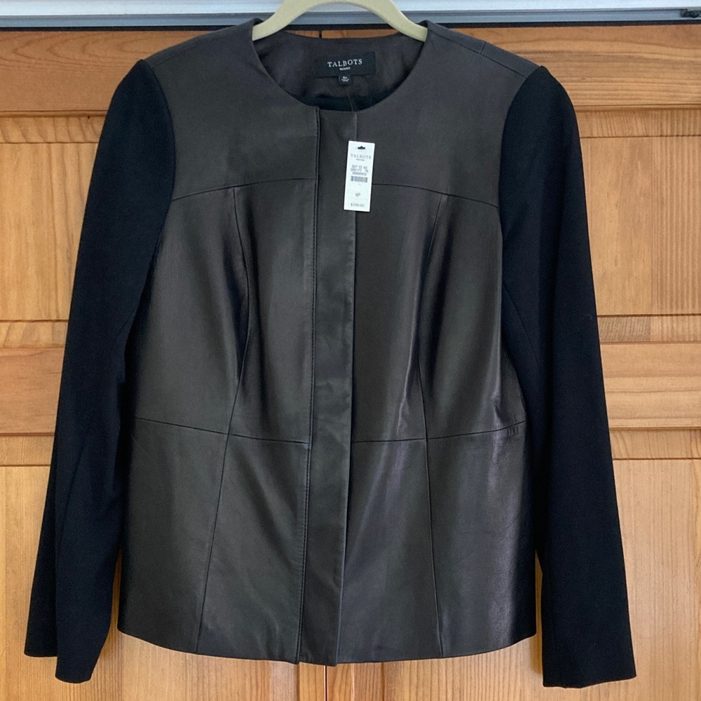 Talbots Black Leather Jacket with Ponte Knit Sleeves
